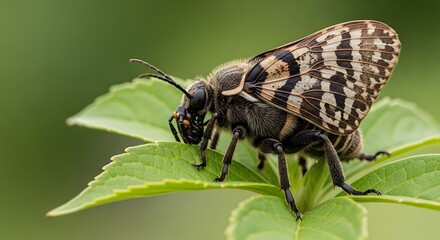 Detailed close-up of a fuzzy insect with striped wings on a green leaf.