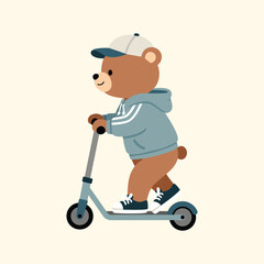 An adorable hand-drawn vector of a brown baby bear riding a blue kick scooter, wearing a sporty hoodie and cap. Perfect for children's apparel, nursery posters, and playful sticker sets