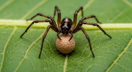 Dark spider carefully carries its egg sac on a green leaf.
