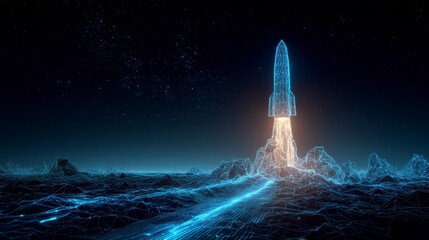 Digital image depicts a glowing rocket launching from a wireframe planet, with a starry night sky backdrop