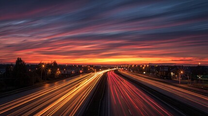 Car trails on highway with sunset clouds with long exposure, and city lights background.