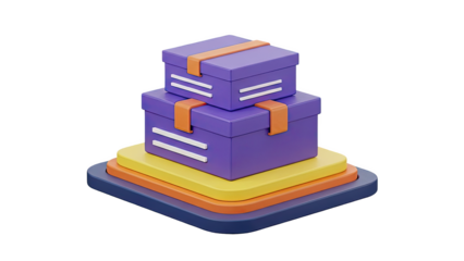 3D Stack of Purple Gift Boxes with Orange Ribbons on transparent background