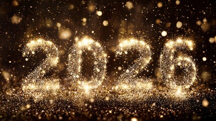 A sparkling golden image features the numerical representation of the year 2026, composed of shimmering particles against a dark backdrop