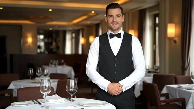 Professional Male Waiter Smiling in an Elegant Fine Dining Restaurant