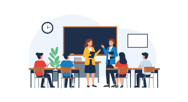 Two teachers collaborating and discussing lesson plans in front of a blackboard while students are seated and listening in a classroom.