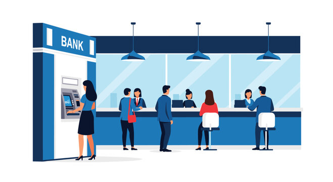 Busy bank interior with customers waiting in line, interacting with tellers at the counter, and a woman using an ATM machine.