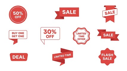 Collection of promotional sale stickers and labels on a white background