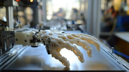 3D printed robotic hand working in a lab with tools and machinery visible during daylight hours
