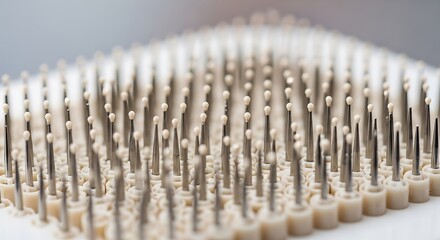 Close-up of numerous metallic bristles with rounded tips arranged in rows.