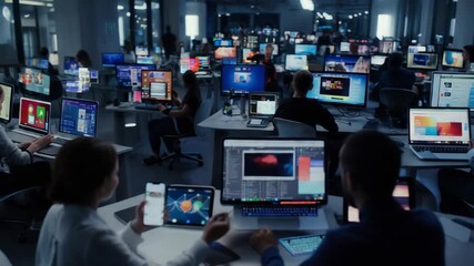 A busy control room environment with analysts monitoring complex data streams on numerous displays - Powered by Adobe
