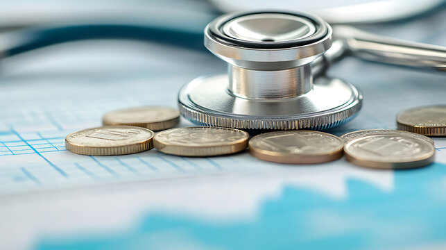 Financial Health Check:  Stethoscope and coins on a graph symbolize evaluating the economy's well-being. Assessing monetary stability. Careful money management.