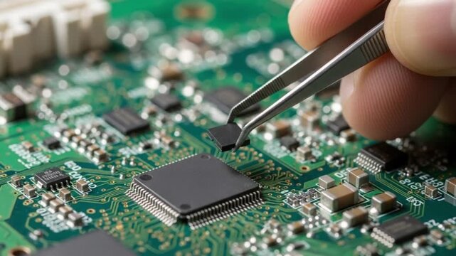 Closeup of a hand using tweezers to handle a microchip on a circuit board with various electronic components