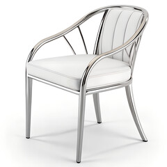 Modern White Leather Dining Chair with Chrome Frame Isolated on White Background.