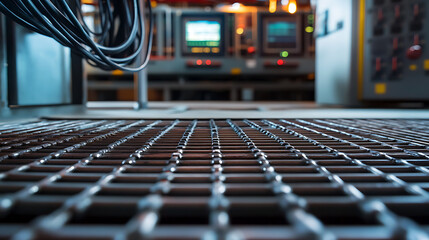 Industrial grate and control panels, a juxtaposition of physical and digital infrastructure. Cables hang above, hinting at complex operations within the facility.