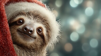 Close-up of a smiling sloth wearing a Santa hat, peering out from a red wrap against a blurred, bokeh background
