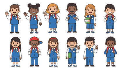 Diverse Group of Happy School Children in Uniforms Standing and Waving, Ready for Education