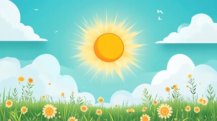 Obraz premium Bright sun shines over a field of flowers under a blue sky with clouds and birds flying in the distance