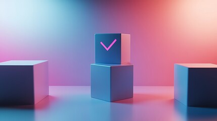 Colorful cubes on a table with pink and blue lighting creating a vibrant background and a check mark design on the center cube
