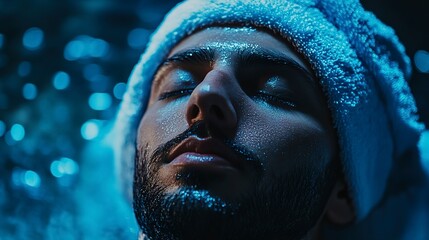 Man relaxes in water with a towel on head in a dimly lit space during evening hours