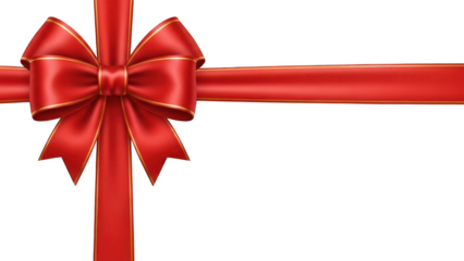 A vibrant, glossy, three-dimensional rendered red satin ribbon with a large, intricately tied bow and a delicate gold stripe accent, gracefully cascading, isolated on transparent background.