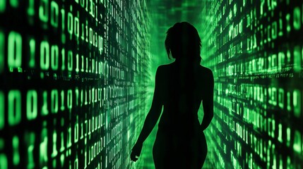 Silhouette of a person walking through a corridor filled with green binary code at night under dim lights