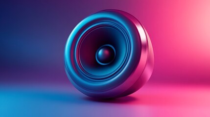 Colorful speaker on a surface with lights in blue and pink colors creates a modern look in a studio during evening hours