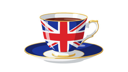 A British tea cup and saucer with the Union Jack design on a white background, representing UK culture and tradition