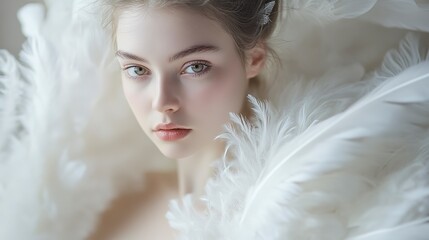 Model poses with white feathers in a bright indoor setting creating a soft and unique visual effect