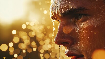 Man shows determination while sweating under sunlight during outdoor activity at sunset
