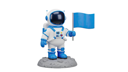 3D Cartoon astronaut holding a blue flag on the moon on transparent background