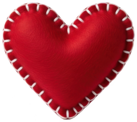 A plush, crimson red heart-shaped cushion with a stitched, quilted texture and a slightly worn appearance, presented in a flat, stationary pose against a, isolated on transparent background.