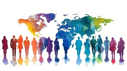 Global business team standing together with a colorful world map in the background during a collaborative meeting in a modern office space