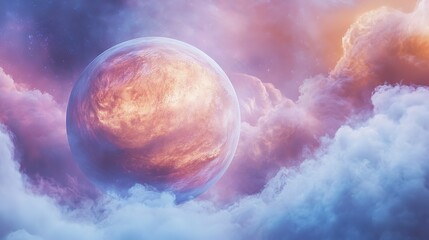 Colorful planet surrounded by clouds in a celestial scene during twilight hours