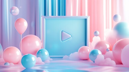 Colorful background with play button and balloons for fun digital content creation