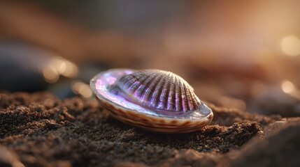 A single iridescent seashell rests on wet sand during golden hour with soft bokeh in the background