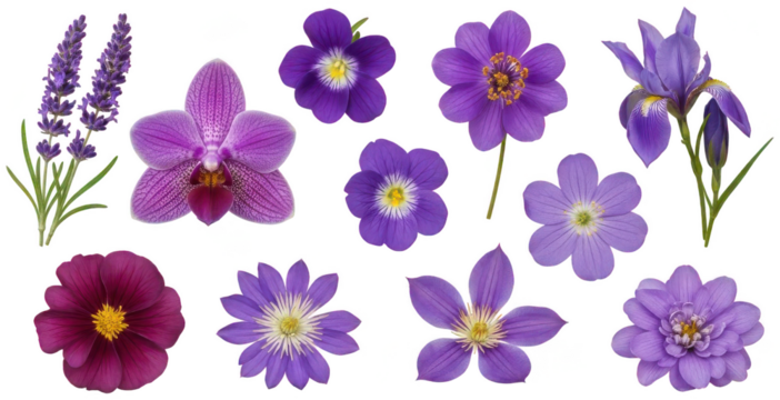 A vibrant collection of meticulously cut-out purple flowers, showcasing diverse botanical forms including lavender sprigs, an elegant orchid, and various, isolated on transparent background. - Powered by Adobe