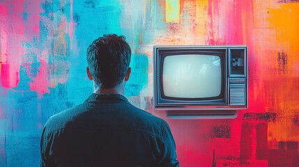 Person watches old television in front of colorful wall with bright paint at indoor location during evening time