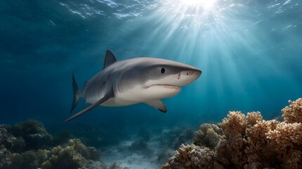 A tiger shark swims majestically near a vibrant coral reef with sunbeams piercing the ocean depths