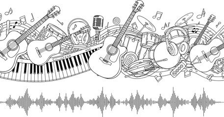 Hand drawn musical instruments border vector illustration with guitar drums keyboard and audio sound waves, black and white sketch for concert poster design, © Md