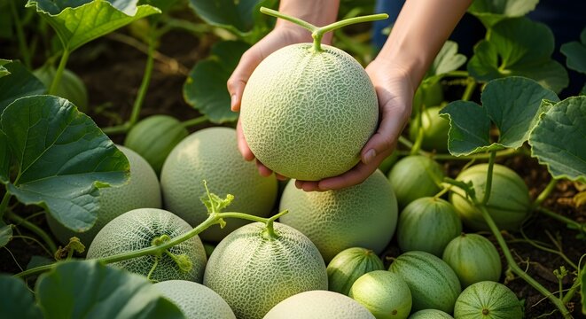 Abundant green melon crop ripening on sprawling vines, farmer&rsquo;s hands lifting a perfectly round fruit from fertile soil, symbolizing fresh summer harvest and sustainable melon cultivation in open fiel