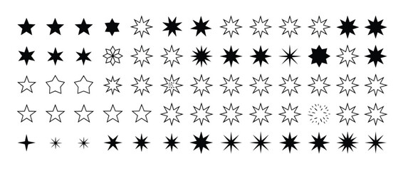 black icons stars set of 65, rating star icon, star vector collection, modern simple stars, and vector illustration for customer reviews, quality ranking, favorite bookmarks, and product evaluation sy