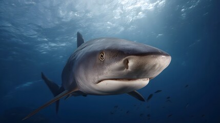 Fototapeta premium Close up portrait of a powerful tiger shark swimming in the deep blue ocean illuminated by sunlight filtering from above