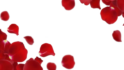 Vibrant, realistically rendered red hibiscus flower petals with a glossy, slightly translucent texture are scattered across a transparent background, appearing, isolated on transparent background.