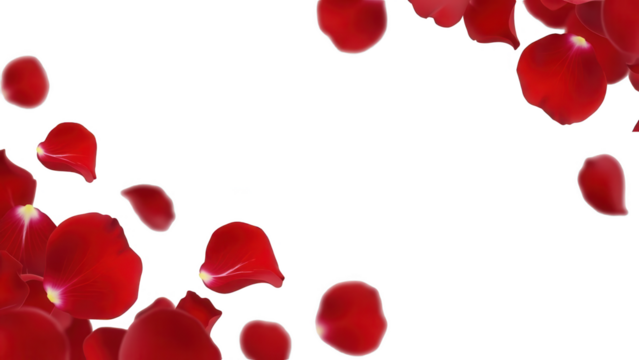 Vibrant, realistically rendered red hibiscus flower petals with a glossy, slightly translucent texture are scattered across a transparent background, appearing, isolated on transparent background. - Powered by Adobe