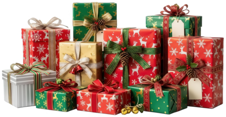 A vibrant and festive collection of rectangular gift boxes, wrapped in various patterned papers featuring snowflakes, reindeer, and evergreen foliage, are, isolated on transparent background.