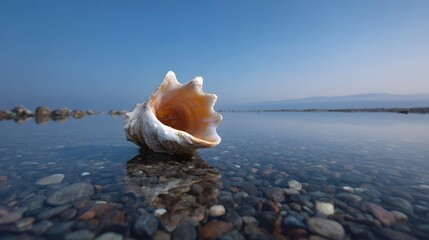 A single seashell rests on wet pebbles by the calm reflective water under a clear blue sky
