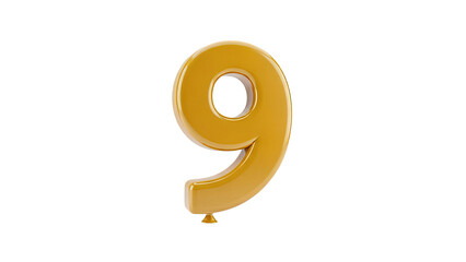 3D Gold balloon number 9 on transparent background