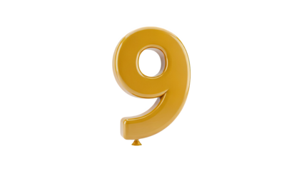 3D Gold balloon number 9 on transparent background