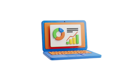 3D laptop with colorful charts and graphs on screen on transparent background