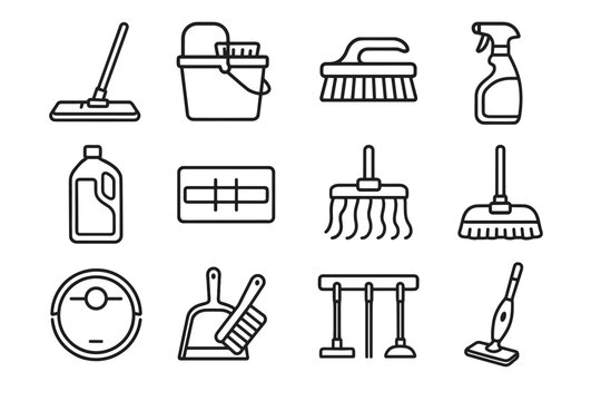 Pad brush vector robot floor cleaning icon bucket flat mop vacuum